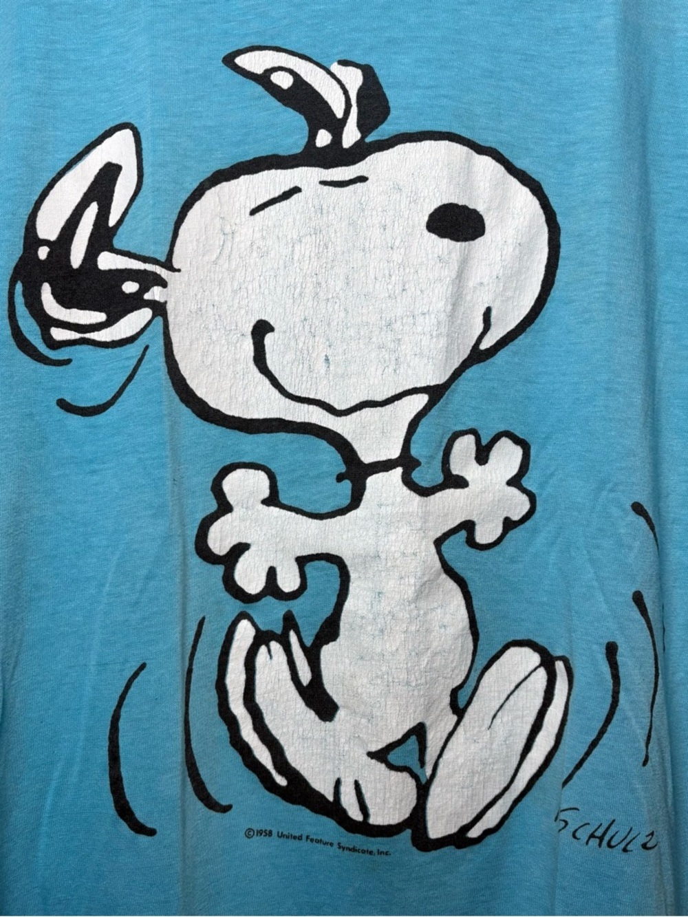 Vintage 80s/90s Peanuts Snoopy "Happy Dance" T-Shirt - Single Stitch - Sky Blue - Picture 2 of 9